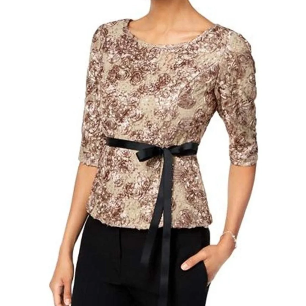 EUC Alex Evenings Sequin Rosette elbow Sleeve Blouse